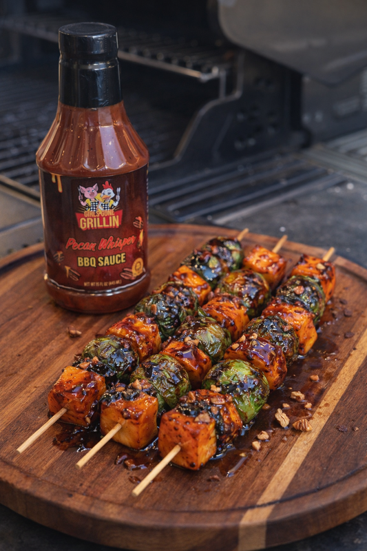Pecan Whisper BBQ Brussels Sprouts & Sweet Potato Skewers