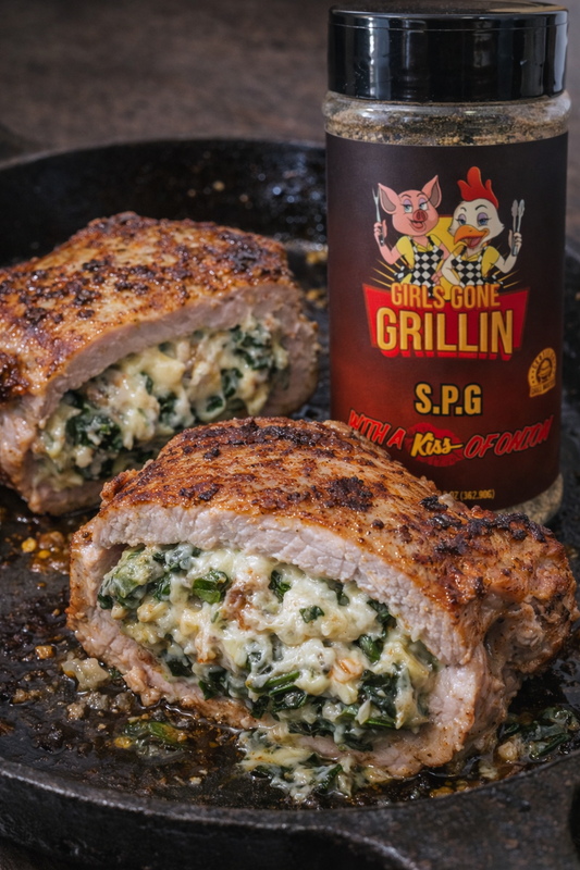 Spinach & Artichoke Stuffed Pork Chops (Girls Gone Grillin’ Style)