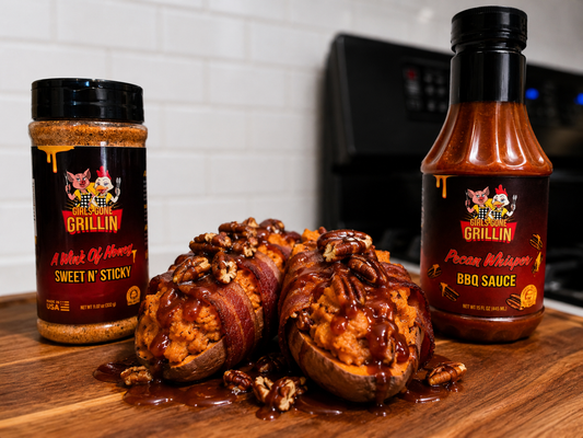 Sweet & Sticky Pecan BBQ Bacon-Wrapped Stuffed Sweet Potatoes