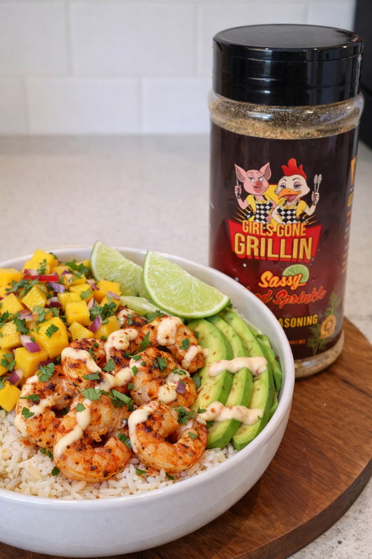 Shrimp Bowl with Avocado and Mango Salsa Girls Gone Grillin’ Style