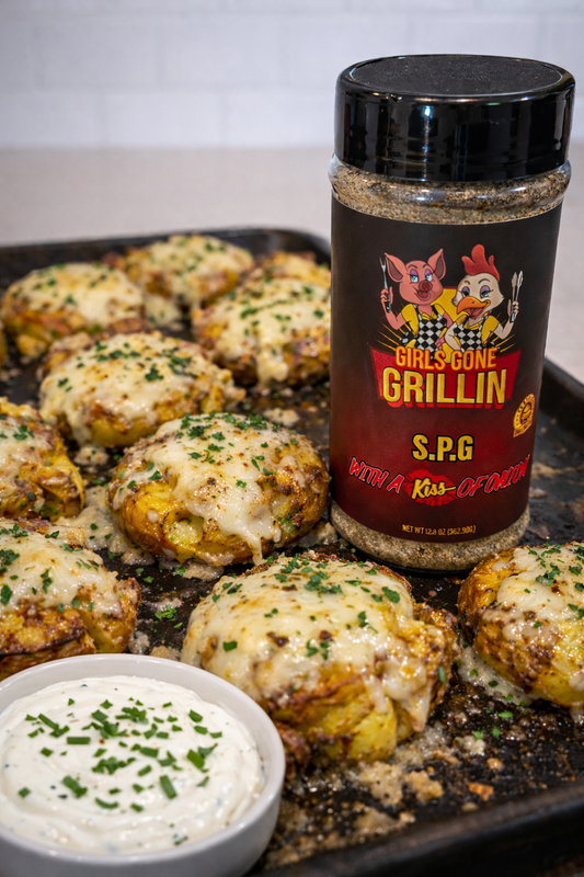 Smashed Gold Potatoes with White Irish Cheddar Girls Gone Grillin' Style