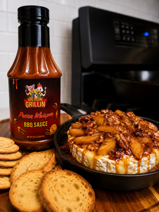 Smoked Baked Brie with Caramelized Apples & Pecan Whisper BBQ Sauce