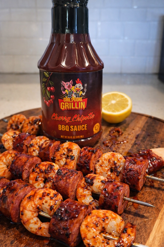 Kielbasa & Shrimp Skewers Girls Gone Grillin’ Style with Cherry Chipotle BBQ Sauce